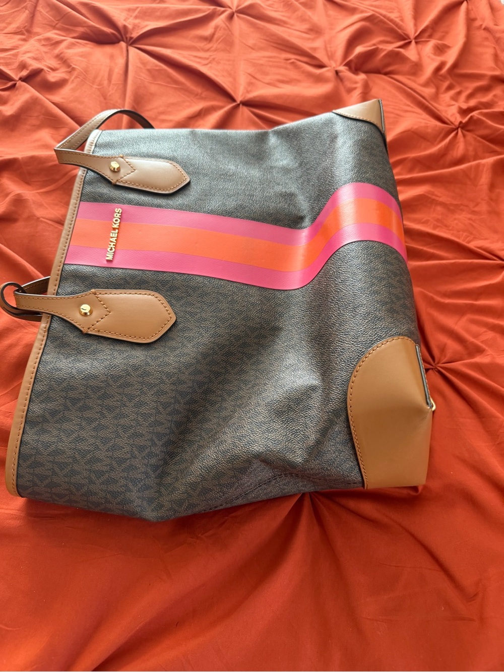 Michael Kors Brown Logo Tote with Pink & Orange Center Stripe